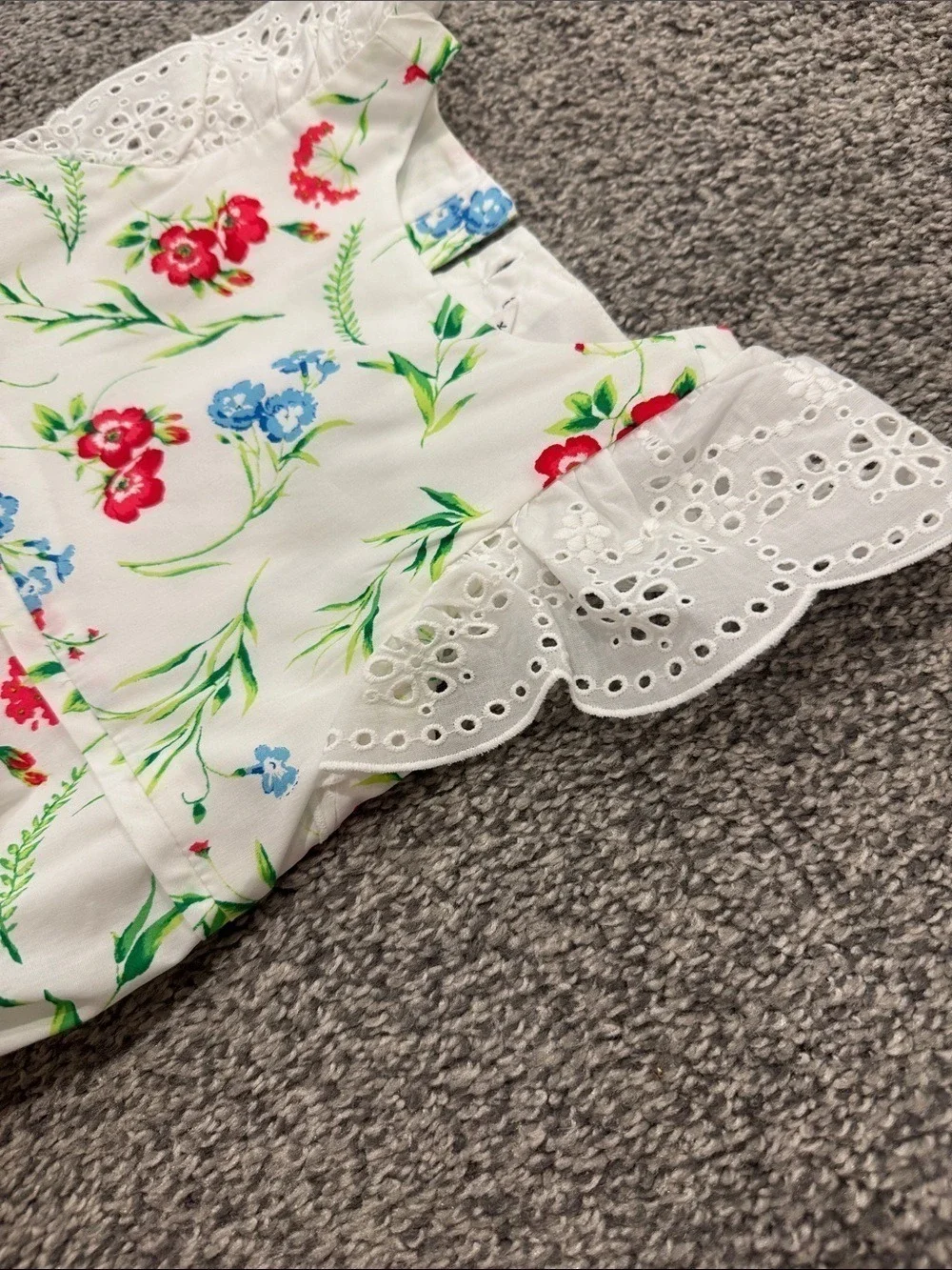 Janie and Jack White Floral Eyelet Sleeve Dress with Red and Blue Flowers